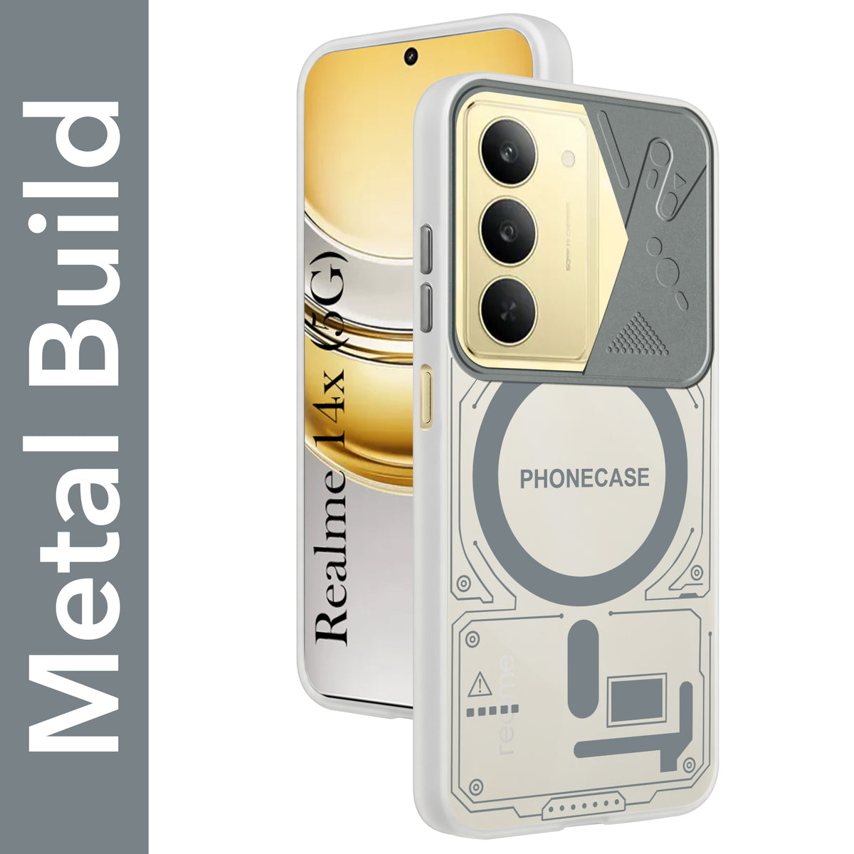 For Realme 14X Metallic Back Cover Case (Metallic Camera Protection & Buttons | Translucent Milky Shade | Hard Polycarbonate)