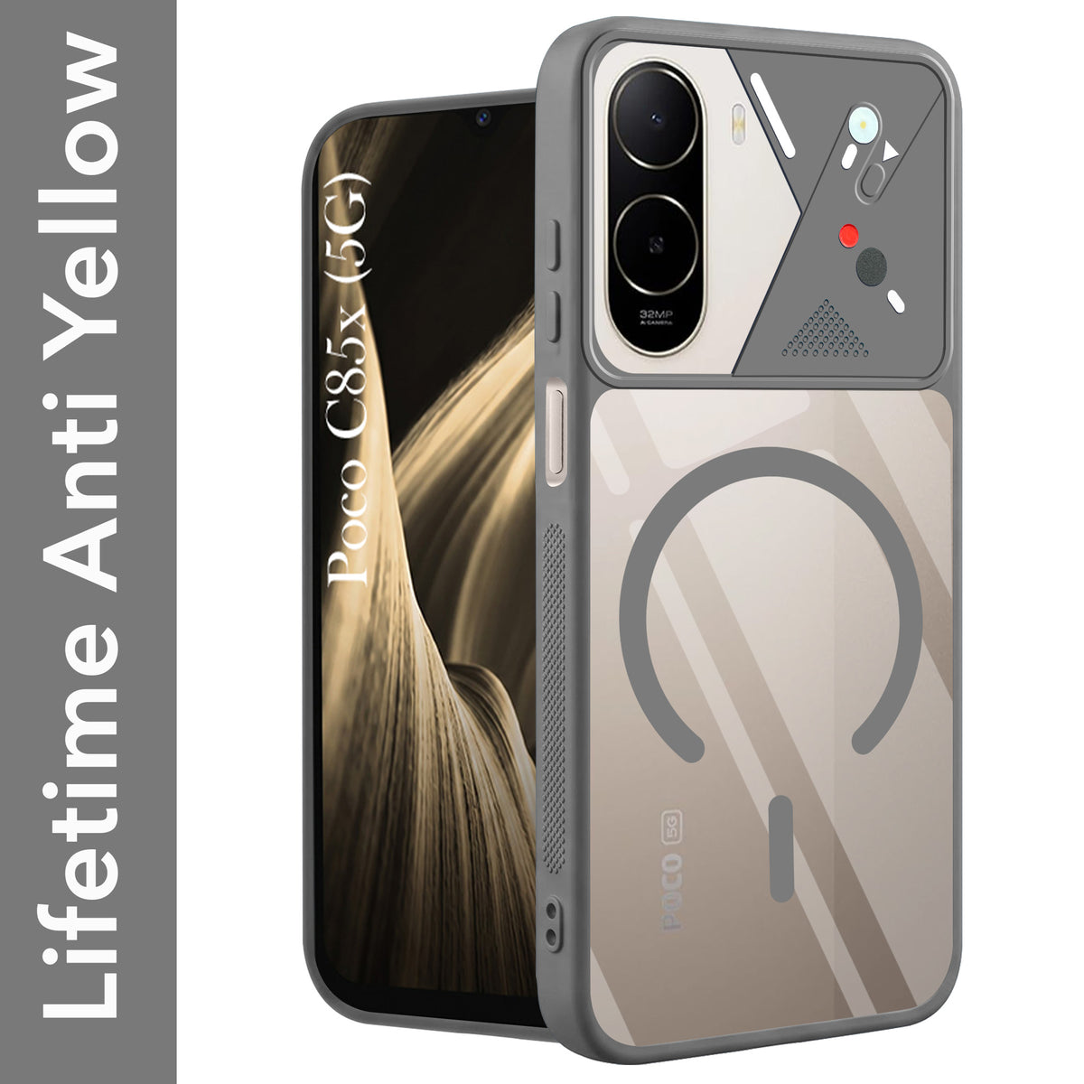 For Poco C85x 5G Back Cover Case Lifetime Anti-Yellow Clear (Camera Protection | Side Grip | Wireless MagSafe Compatible)