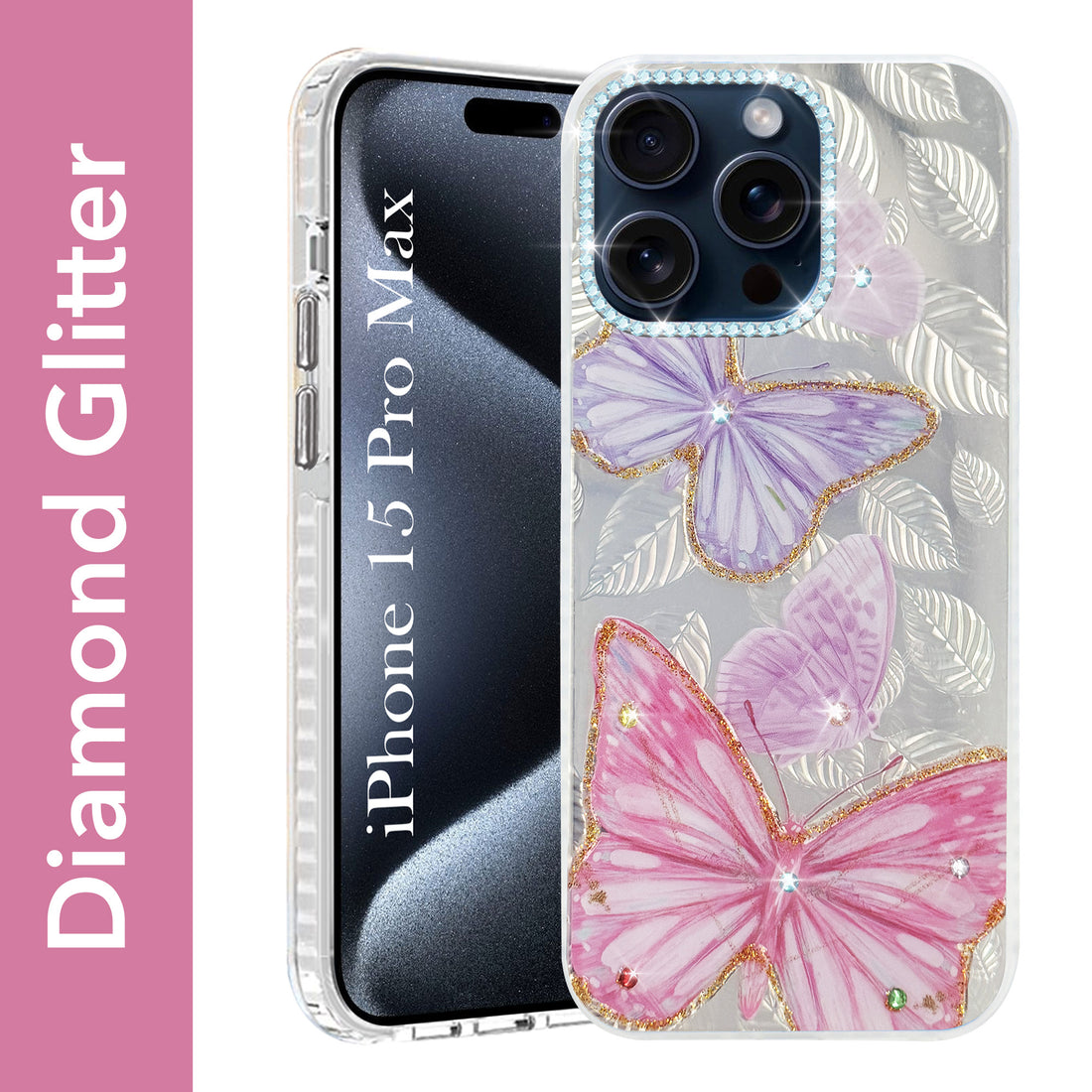 For Apple iPhone 15 Pro Max Back Cover Case (Luxury Floral Glitter Cute Butterfly | Diamond Studded Camera Bump | Girls & Women Design)