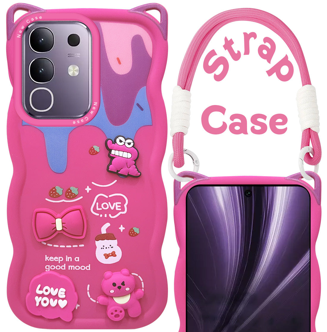 For Vivo T4x | Vivo Y31 Pro Back Case Cover Strap (3D embossed Figures | Strap Holder | 360* Soft Cushion with Camera Bump)