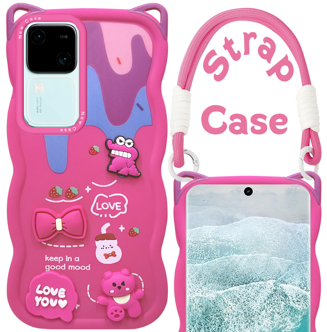 For Vivo V30 | Vivo V30 Pro 5G Back Case Cover Strap(3D embossed Figures | Strap Holder | 360* Soft Cushion with Camera Bump)