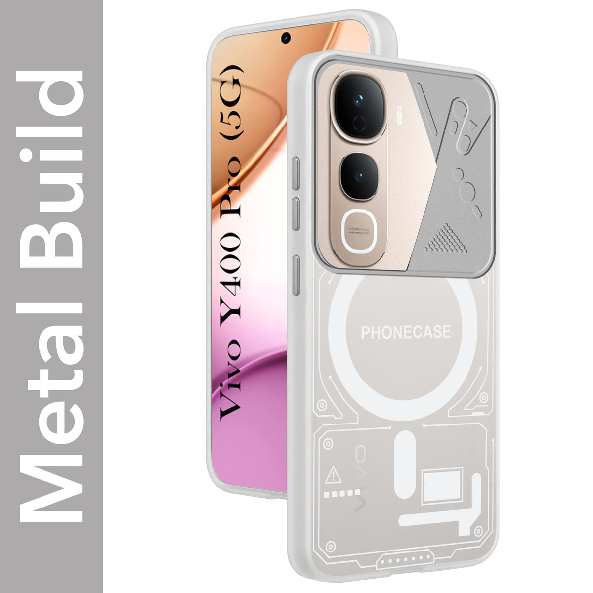 For Vivo Y400 Pro Metallic Back Cover Case (Metallic Camera Protection & Buttons | Translucent Milky Shade | Hard Polycarbonate)