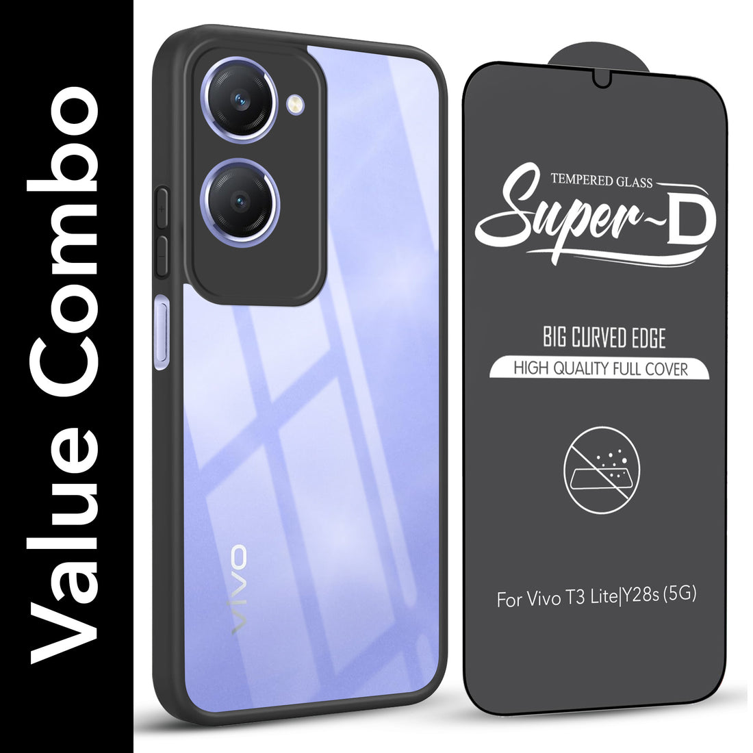 For Vivo Y28s 5G | Vivo T3 Lite 5G Combo with Back Cover and 9H Tempered Glass ( Lifetime Anti-Yellow | Crystal Clear Shockproof | Oleophobic Coating Screen Glass)
