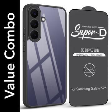 For Samsung Galaxy S26 5G Combo with Back Cover and 9H Tempered Glass (Lifetime Anti-Yellow | Crystal Clear Shockproof | Oleophobic Coating Screen Glass)