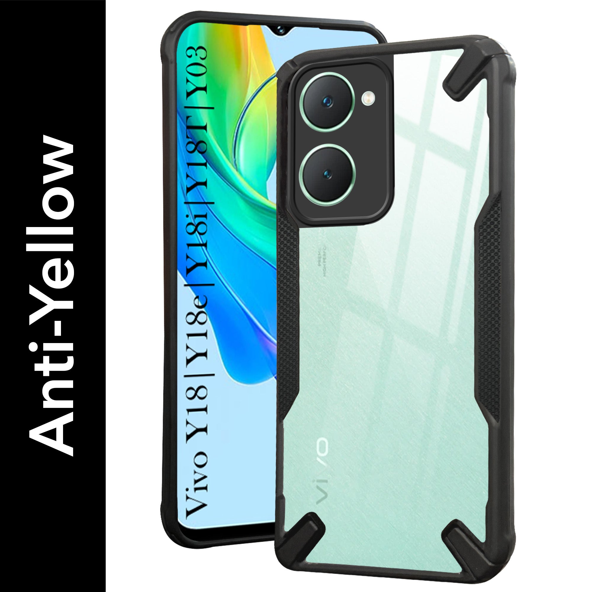 For Vivo Y18 | Y18e | Y03 | Y18i | Y18t Back Cover Case (Hybrid Crystal | Ultimate Shockproof Bumpers | Anti Yellow | Rugged Armor | Black )