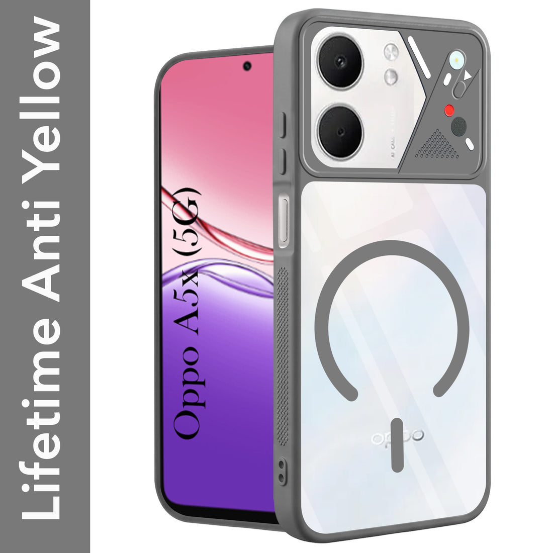 For Oppo A5X Back Cover Case Lifetime Anti-Yellow Clear (Camera Protection | Side Grip | Wireless MagSafe Compatible)
