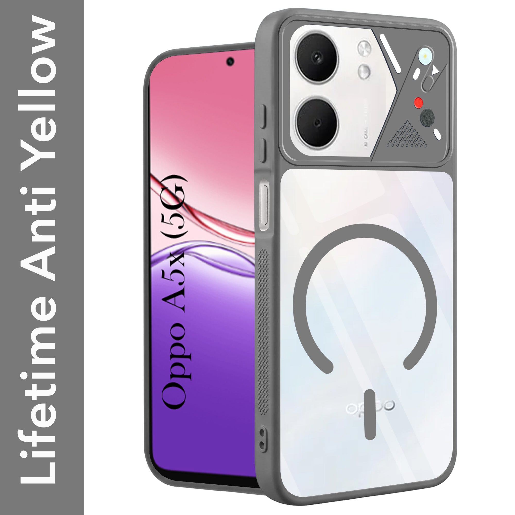 For Oppo A5X Back Cover Case Lifetime Anti-Yellow Clear (Camera Protection | Side Grip | Wireless MagSafe Compatible)