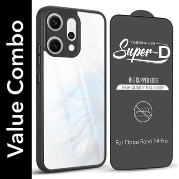 For Oppo Reno14 Pro 5G | Oppo Reno 14 Pro 5G Combo with Back Cover and 9H Tempered Glass (Lifetime Anti-Yellow | Crystal Clear Shockproof | Oleophobic Coating Screen Glass)