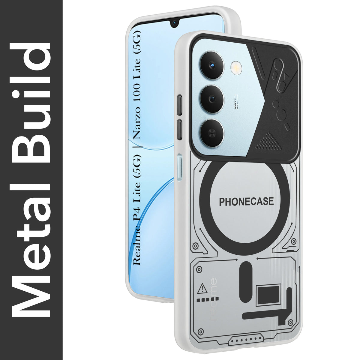 For Realme P4 Lite 5G | Narzo 100 Lite 5G Metallic Back Cover Case (Metallic Camera Protection & Buttons | Translucent Milky Shade | Hard Polycarbonate)