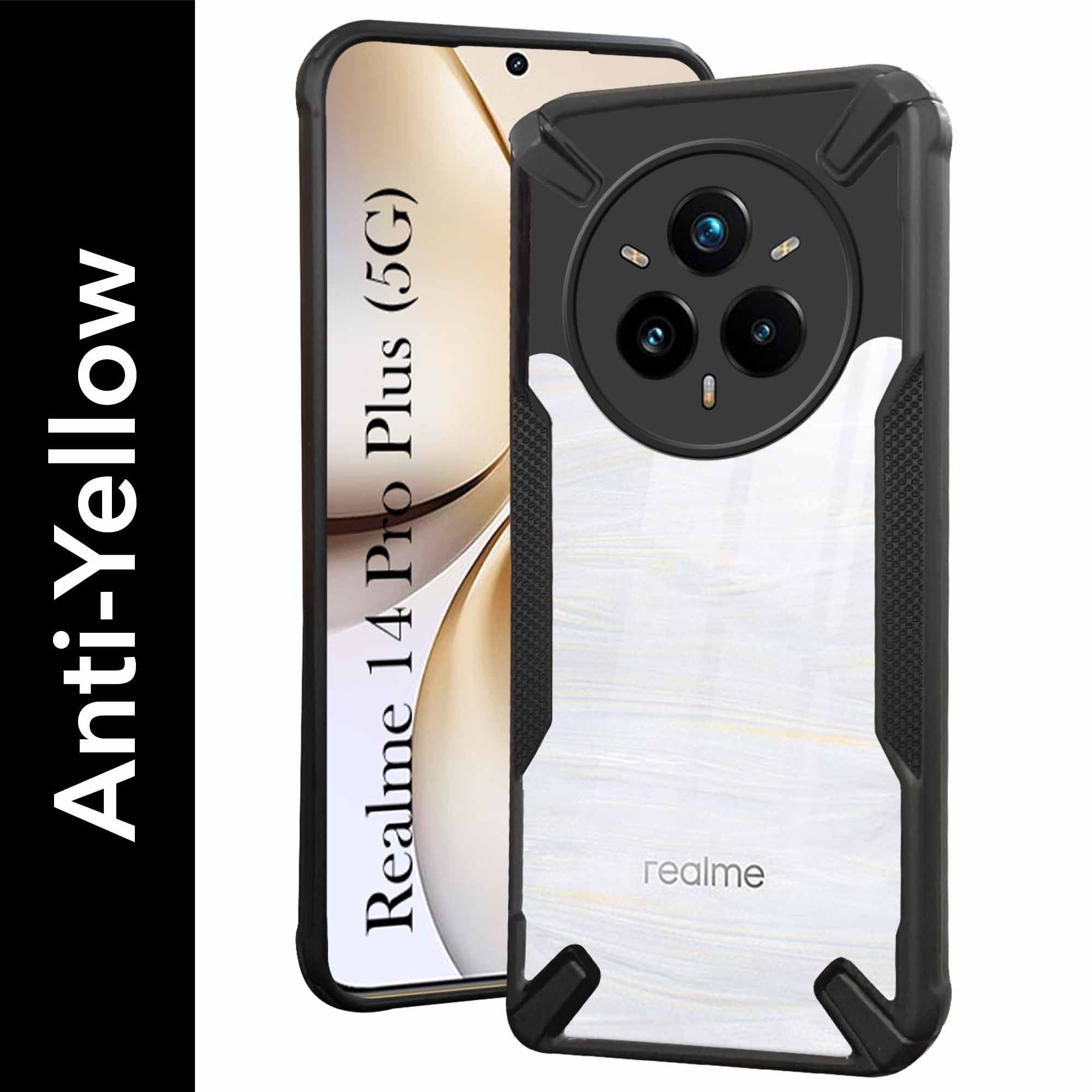 For Realme 14 Pro Plus 5G Back Cover Case (Hybrid Crystal | Ultimate Shockproof Bumpers | Anti Yellow | Rugged Armor | Black )