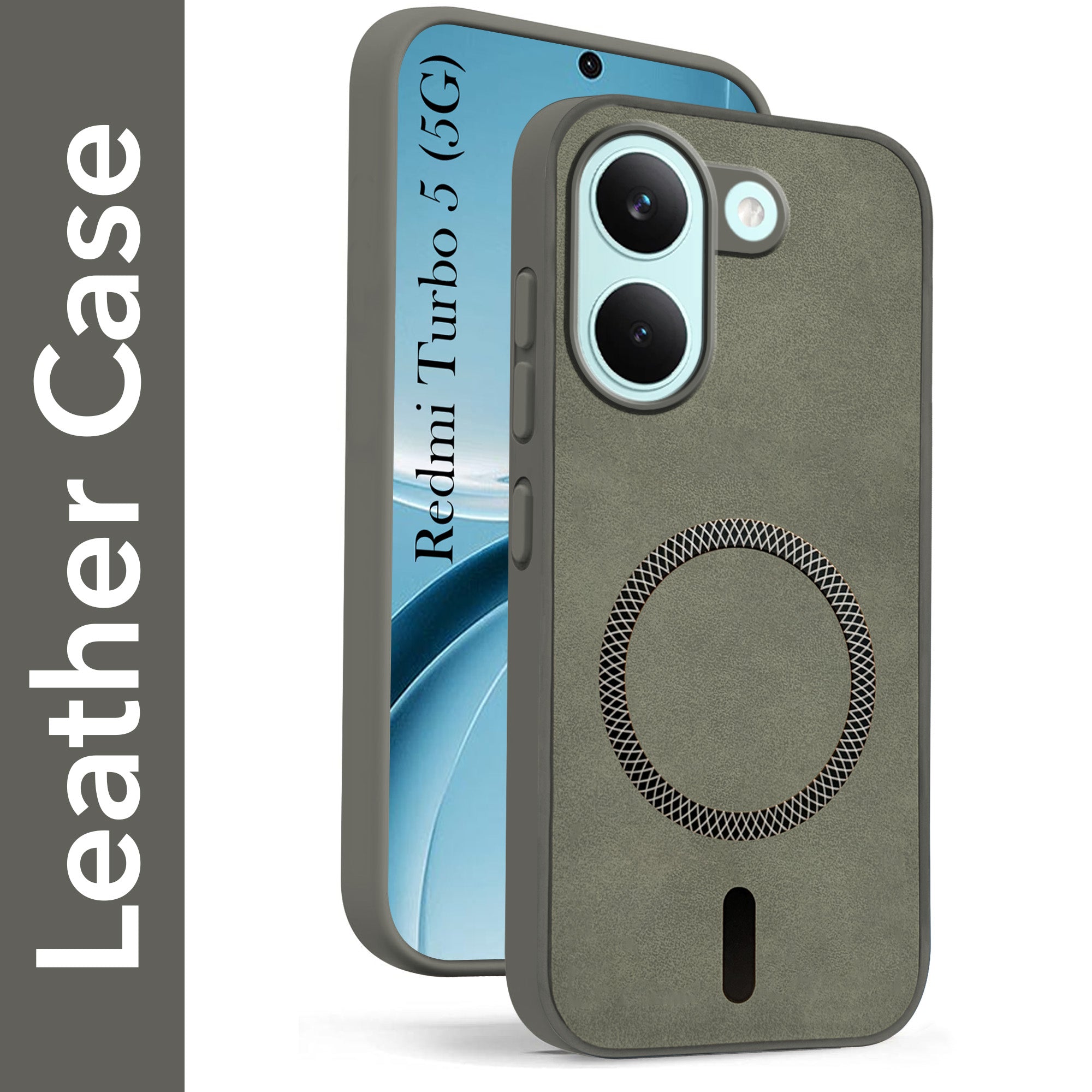 For Redmi Turbo 5 Back Cover Case Leather Finish (MagSafe Compatible Wireless Charging | Soft Touch | Camera Bump Protection)