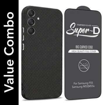 For Samsung Galaxy M55 5G | F55 5G | M55s 5G Combo with Back Cover and 9H Tempered Glass (Liquid Silicone | Camera Protection | Oleophobic Coating Screen Glass)