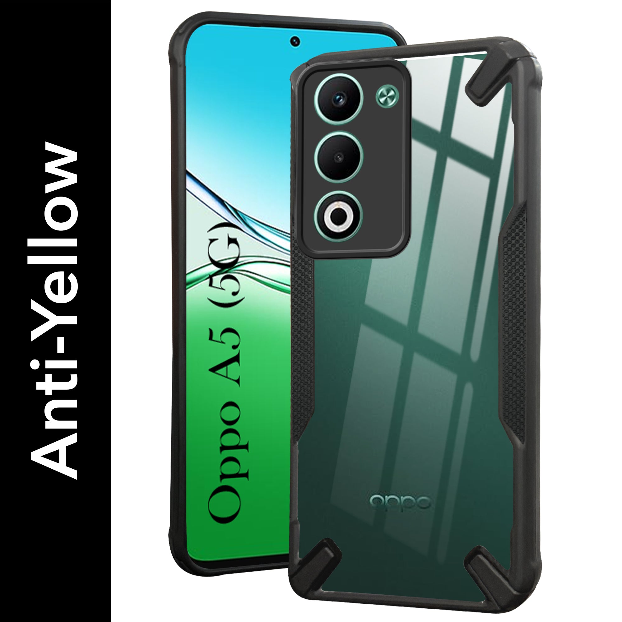 For Oppo A5 5G Back Cover Case (Hybrid Crystal | Ultimate Shockproof Bumpers | Anti Yellow | Rugged Armor | Black )