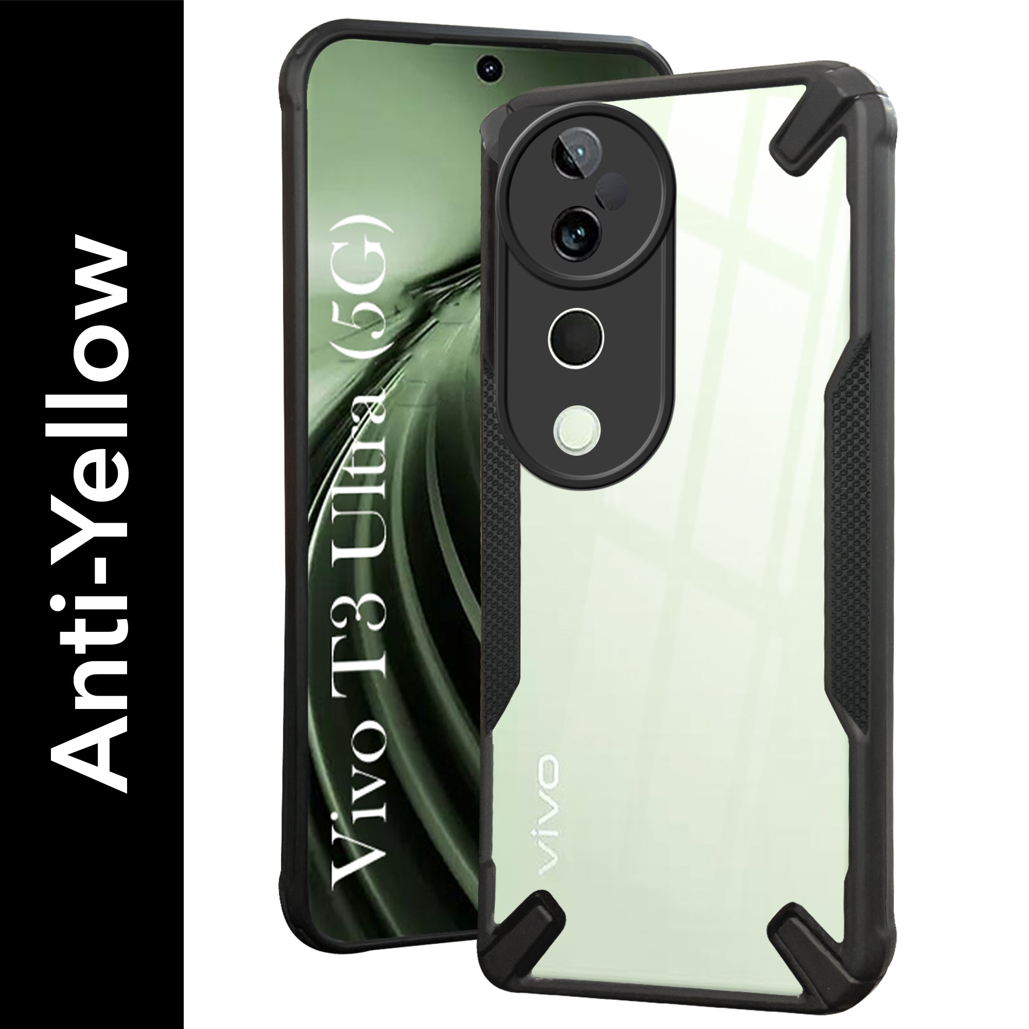 For Vivo T3 Ultra Back Cover Case (Hybrid Crystal | Ultimate Shockproof Bumpers | Anti Yellow | Rugged Armor | Black )