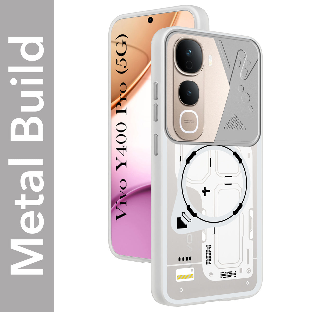 For Vivo Y400 Pro Metallic Back Cover Case (Metallic Camera Protection & Buttons | Translucent Milky Shade | Hard Polycarbonate)