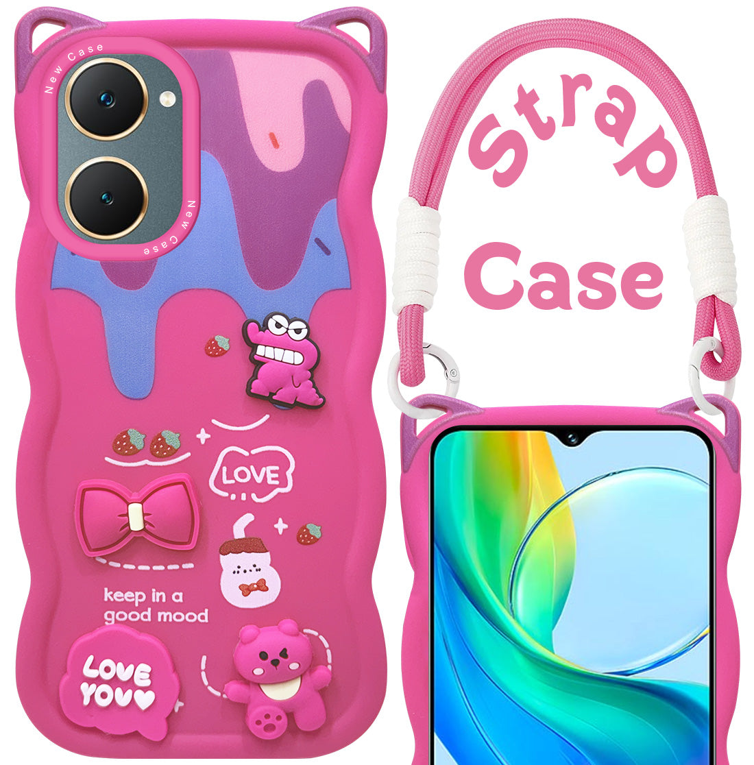 For Vivo Y18 | Y18e | Y03 | Y18i | Y18t Back Case Cover Strap (3D embossed Figures | Strap Holder | 360* Soft Cushion with Camera Bump)