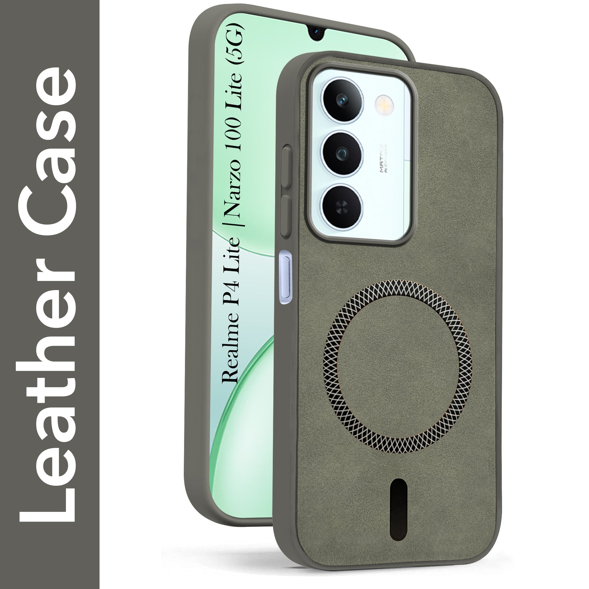 For Realme P4 Lite 5G | Narzo 100 Lite 5G Back Cover Case Leather Finish (MagSafe Compatible Wireless Charging | Soft Touch | Camera Bump Protection)