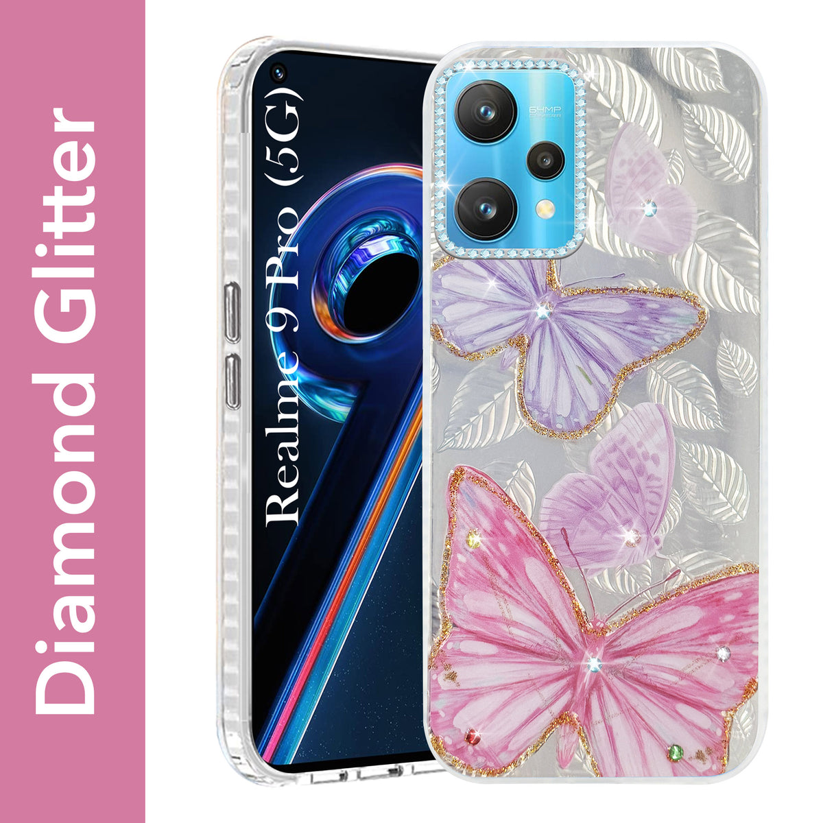 For Realme 9 Pro Back Cover Case (Luxury Floral Glitter Cute Butterfly | Diamond Studded Camera Bump | Girls & Women Design)