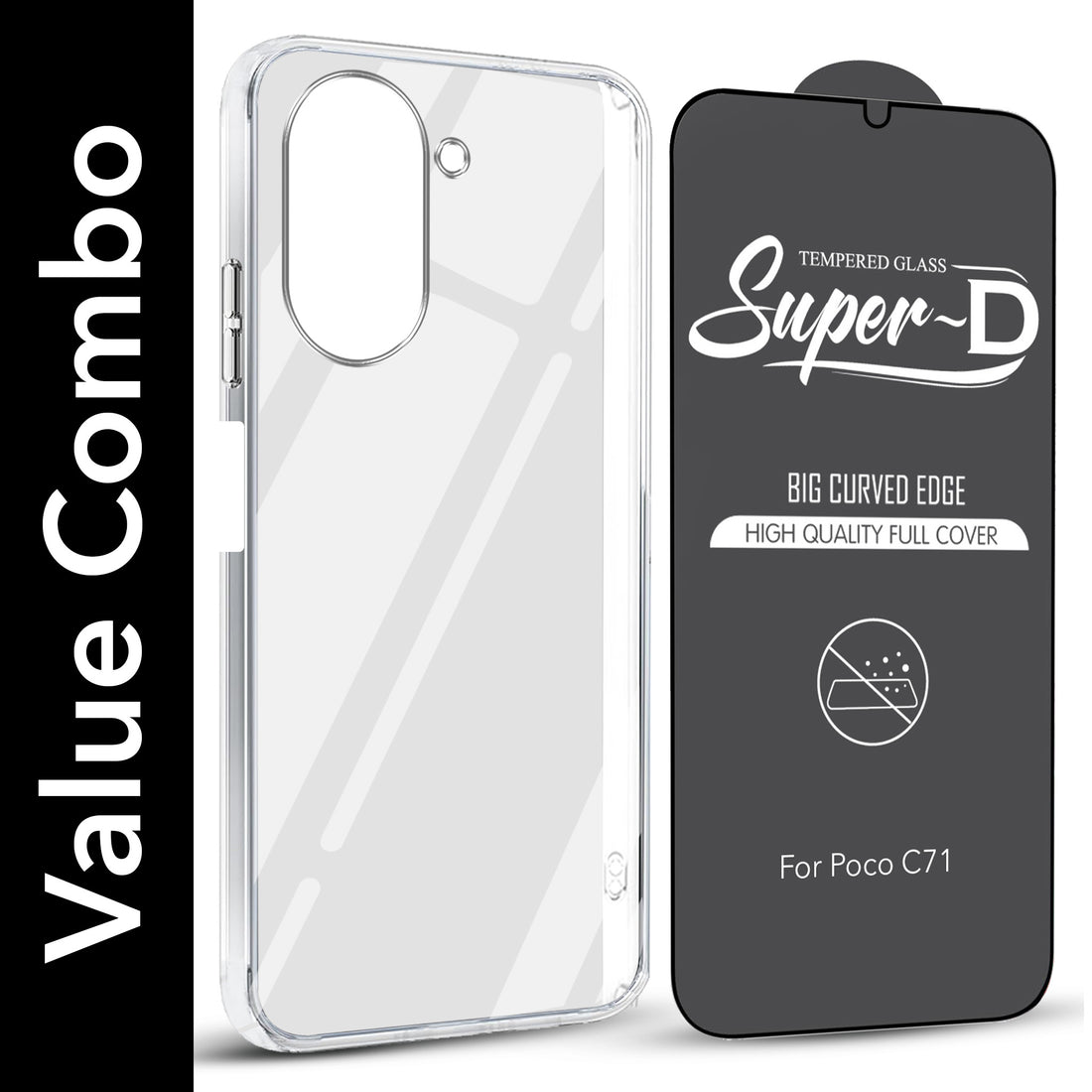 For Poco C71 Combo with Back Cover and 9H Tempered Glass (Lifetime Anti-Yellow | Sleek Hard Crystal | Oleophobic Coating Screen Glass)