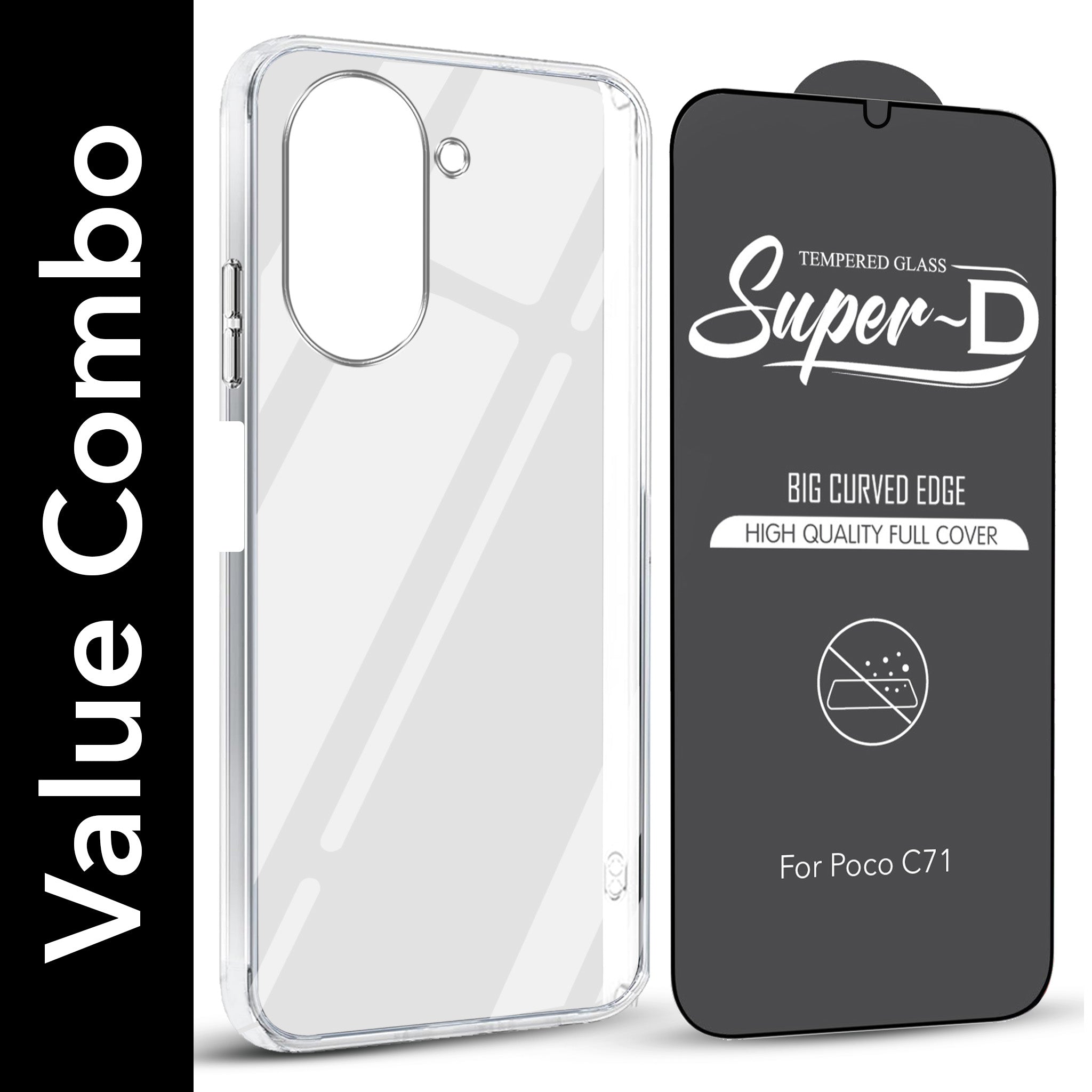For Poco C71 Combo with Back Cover and 9H Tempered Glass (Lifetime Anti-Yellow | Sleek Hard Crystal | Oleophobic Coating Screen Glass)