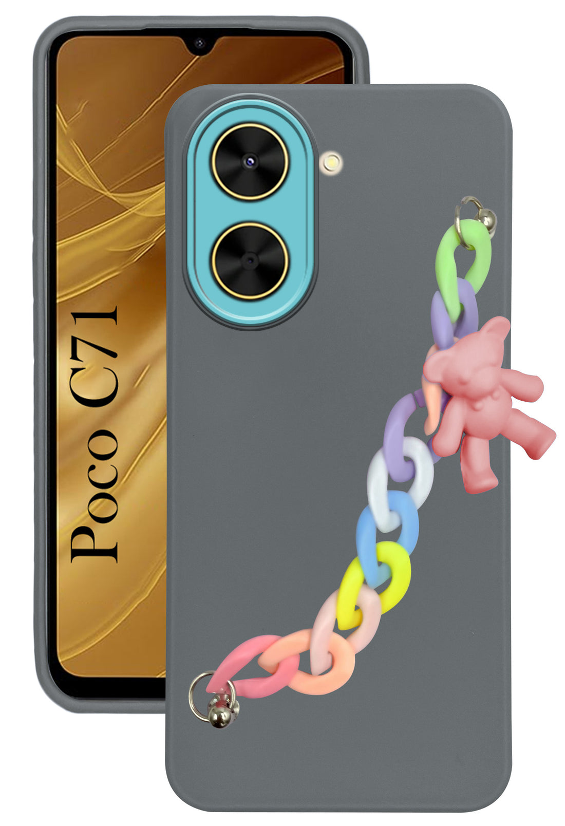 For Poco C71 Back Cover Case( Wrist Hanging Chain | Teddy Bracelet Charms | Dual Color Matte Finish | Full Camera Protection | Sleek and Professional)