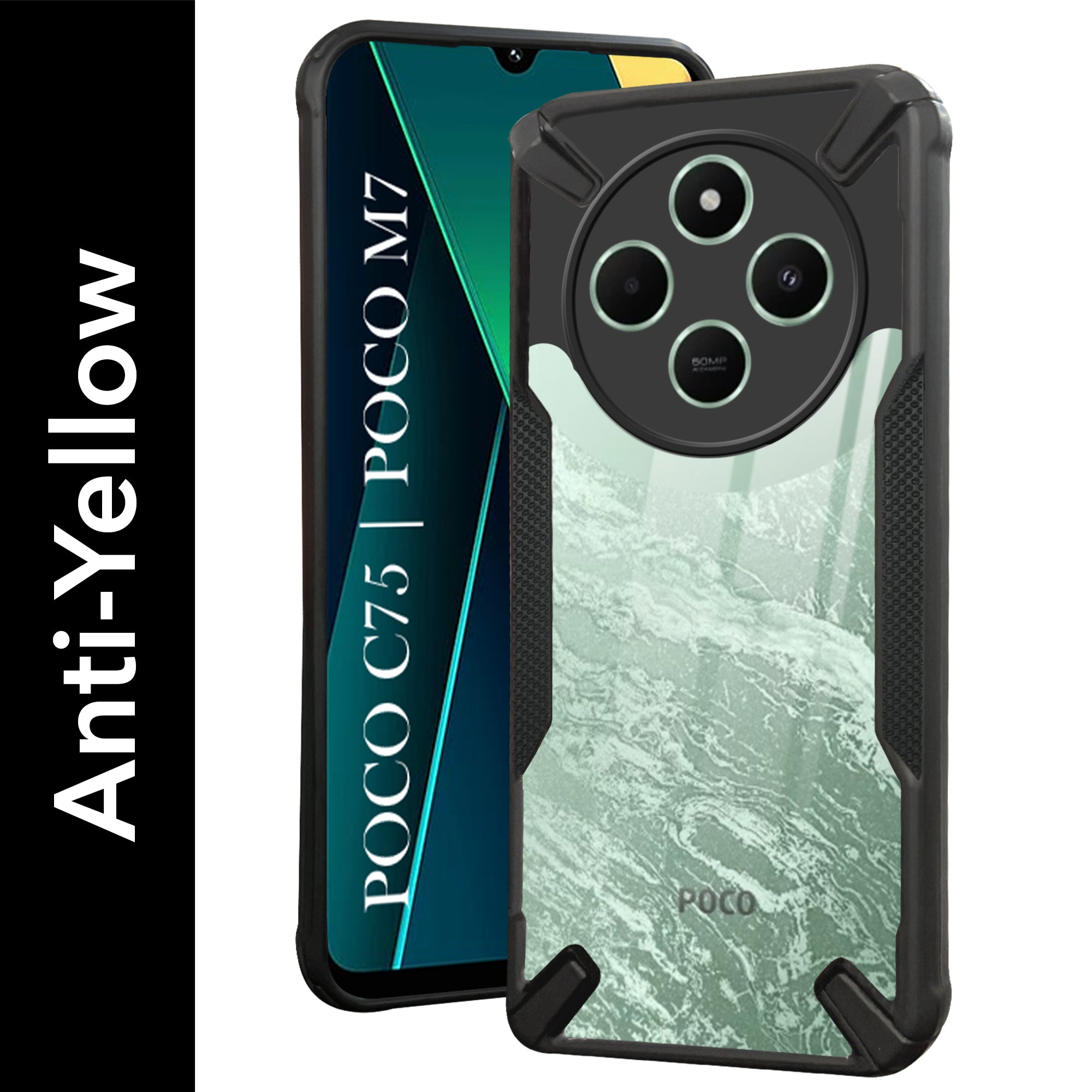 For Poco C75 | Poco M7 Back Cover Case (Hybrid Crystal | Ultimate Shockproof Bumpers | Anti Yellow | Rugged Armor | Black )