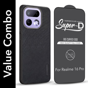 For Realme 16 Pro Combo with Back Cover and 9H Tempered Glass (Textured Grip Design | Micro-Fiber Cloth Inside | Oleophobic Coating Screen Glass)