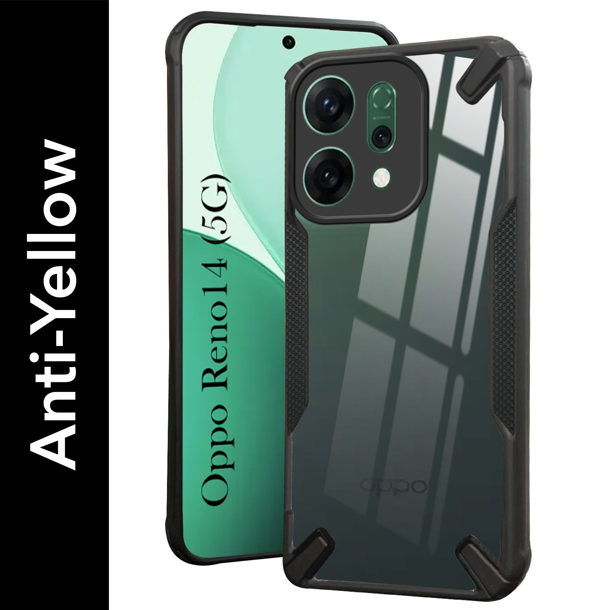 For Oppo Reno14 5G | Oppo Reno 14 5G Back Cover Case (Hybrid Crystal | Ultimate Shockproof Bumpers | Anti Yellow | Rugged Armor | Black )