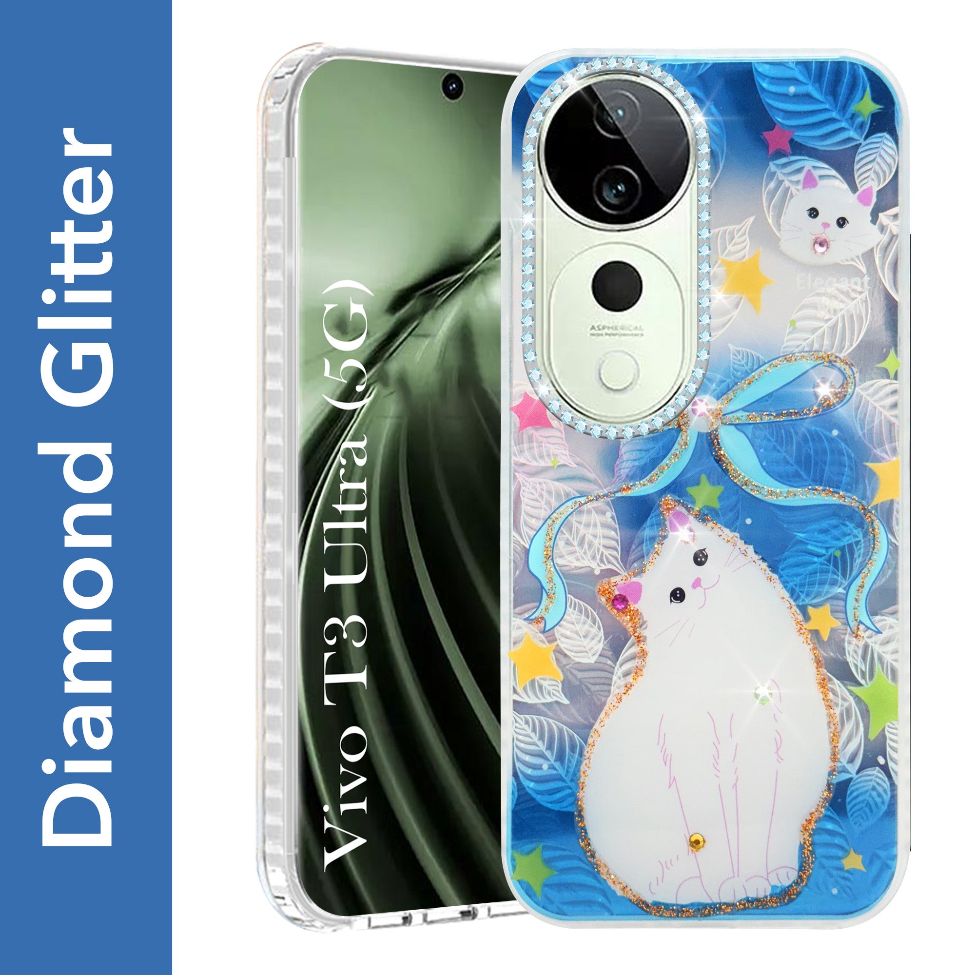 For Vivo T3 Ultra Back Cover Case (Luxury Floral Glitter Cute Butterfly | Diamond Studded Camera Bump | Girls & Women Design)