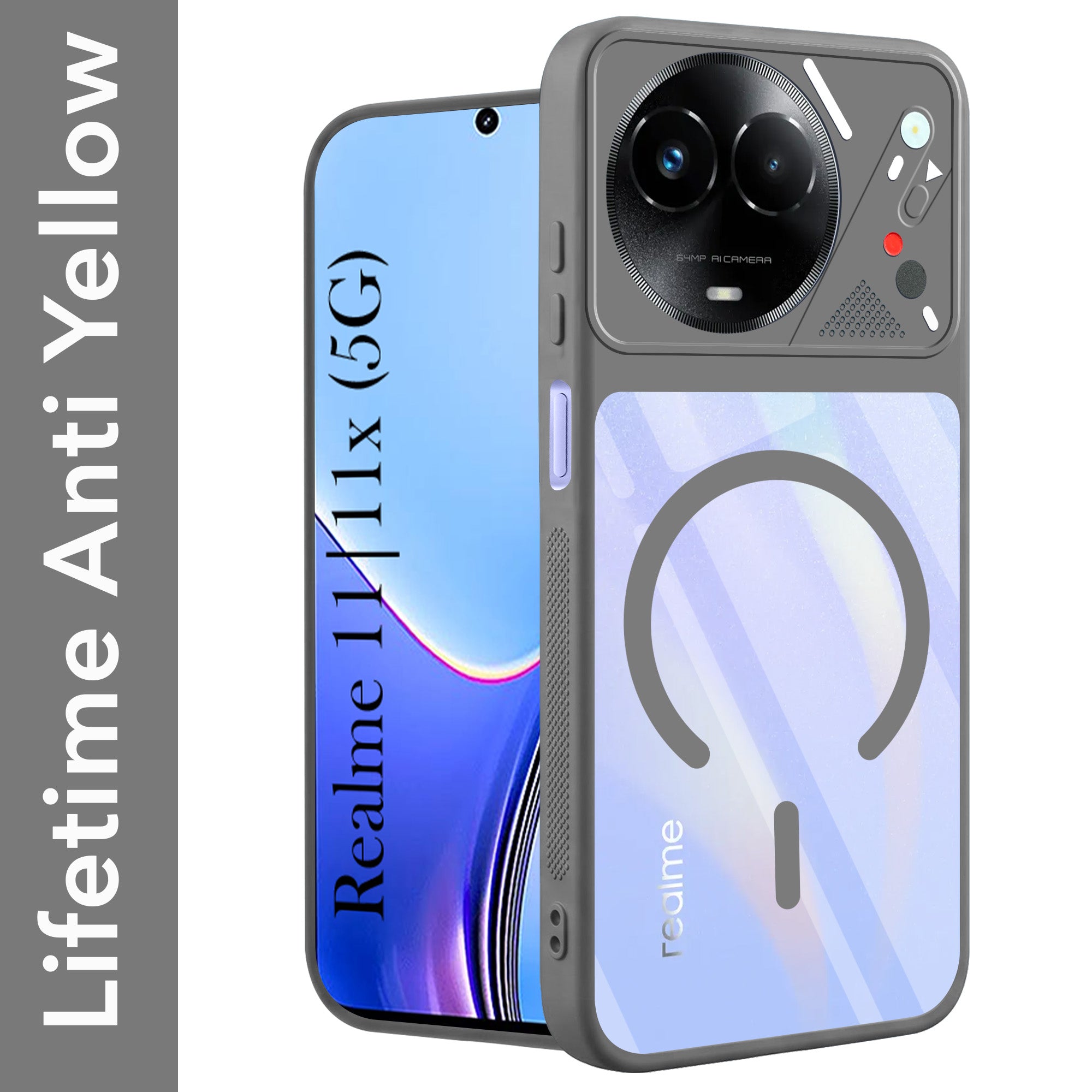 For Realme 11 5G | Realme 11x 5G Back Cover Case Lifetime Anti-Yellow Clear (Camera Protection | Side Grip | Wireless MagSafe Compatible)