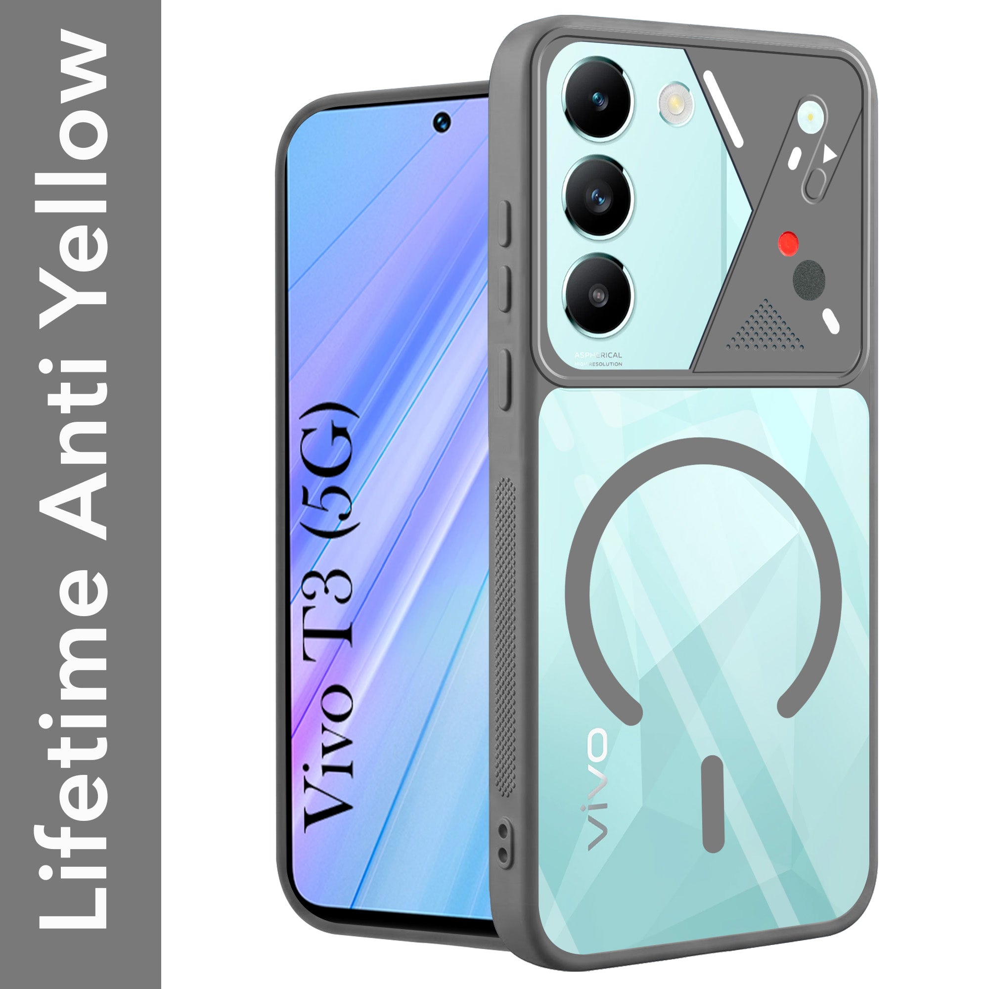 For Vivo T3 5G Back Cover Case Lifetime Anti-Yellow Clear (Camera Protection | Side Grip | Wireless MagSafe Compatible)