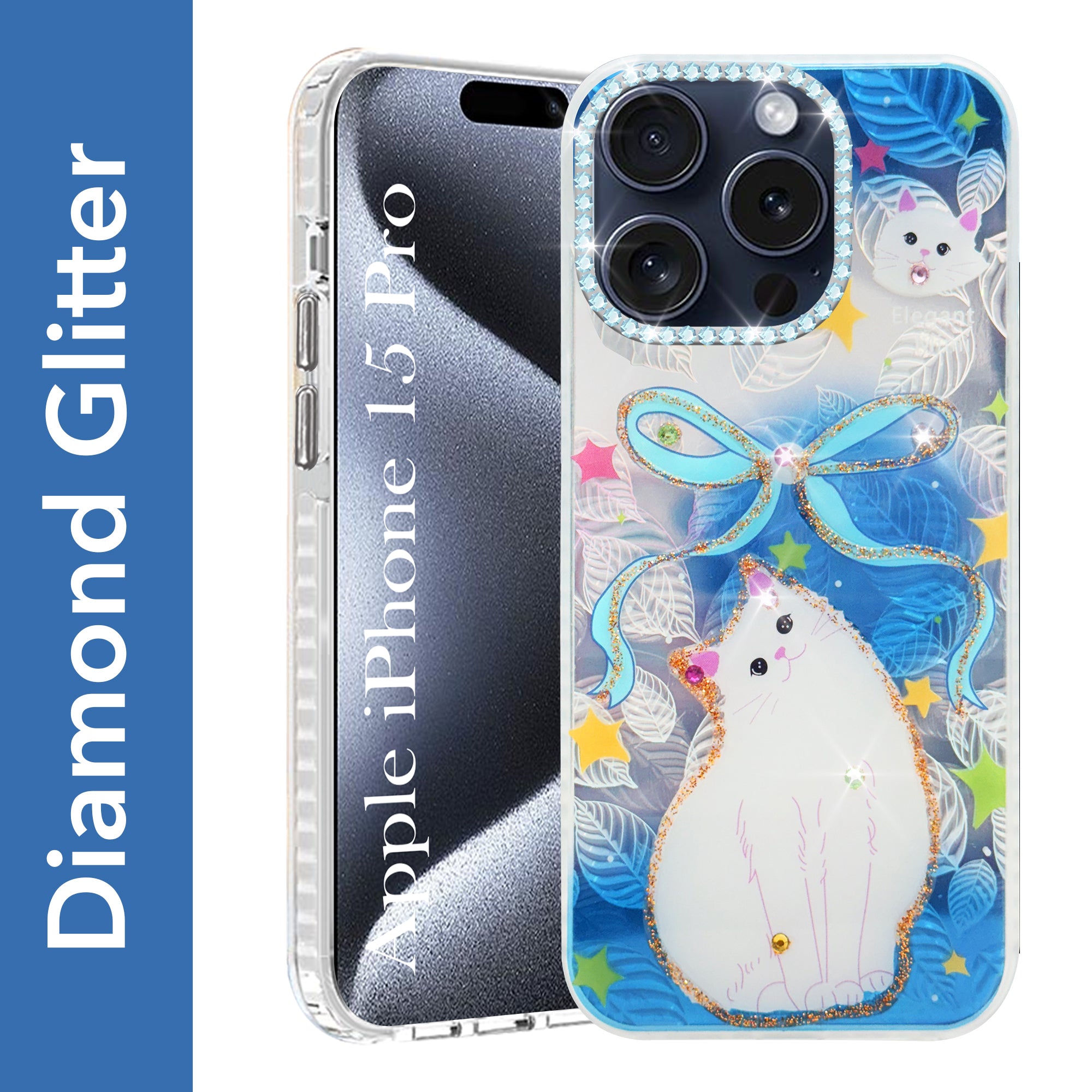 For Apple iPhone 15 Pro Back Cover Case (Luxury Floral Glitter Cute Butterfly | Diamond Studded Camera Bump | Girls & Women Design)