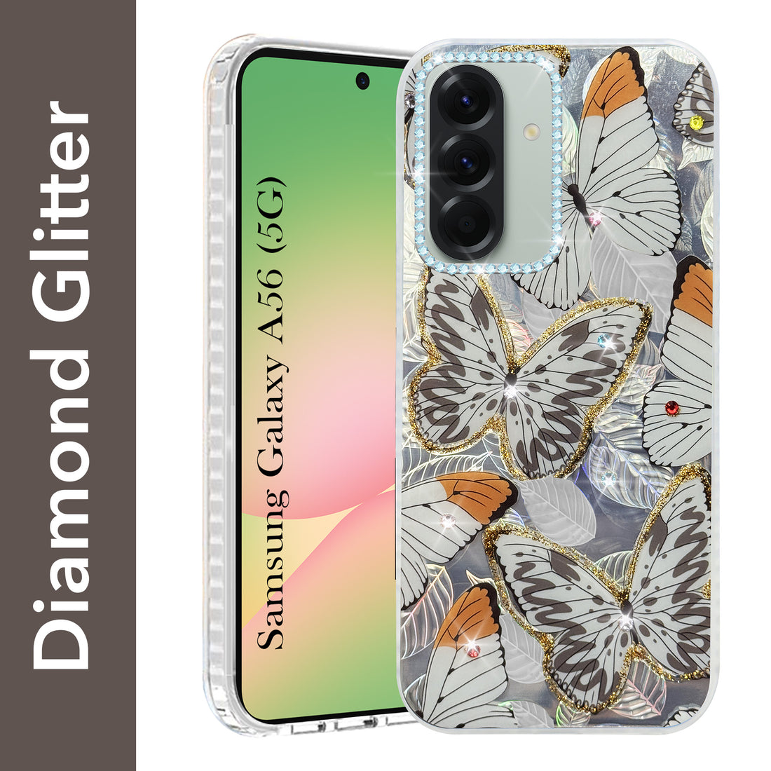 For Samsung Galaxy A56 Back Cover Case (Luxury Floral Glitter Cute Butterfly | Diamond Studded Camera Bump | Girls & Women Design)