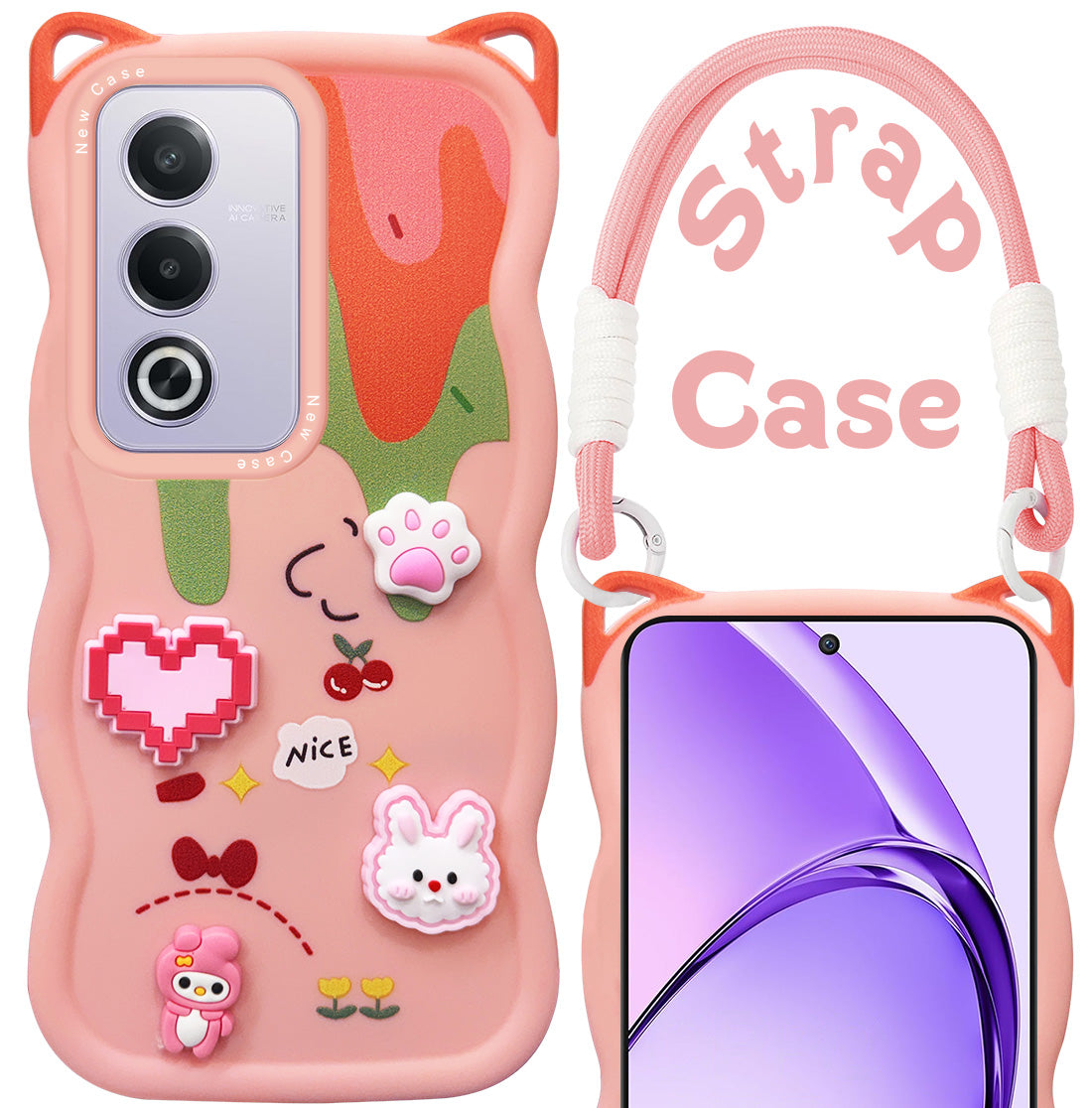 For Oppo A3 Pro 5G Back Case Cover Strap (3D embossed Figures | Strap Holder | 360* Soft Cushion with Camera Bump)