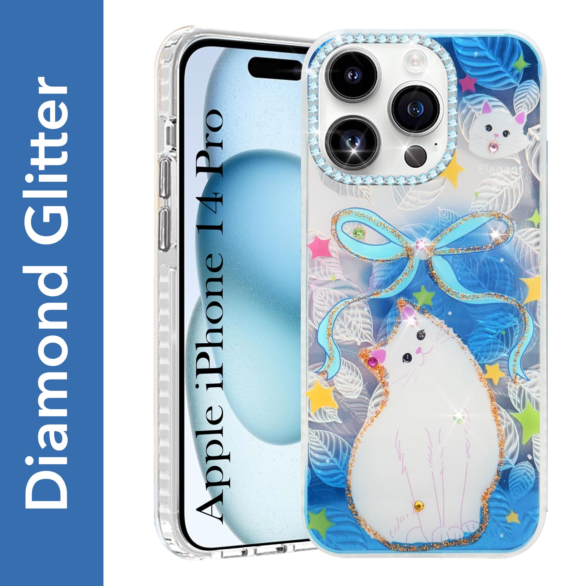 For Apple iPhone 14 Pro Back Cover Case (Luxury Floral Glitter Cute Butterfly | Diamond Studded Camera Bump | Girls & Women Design)