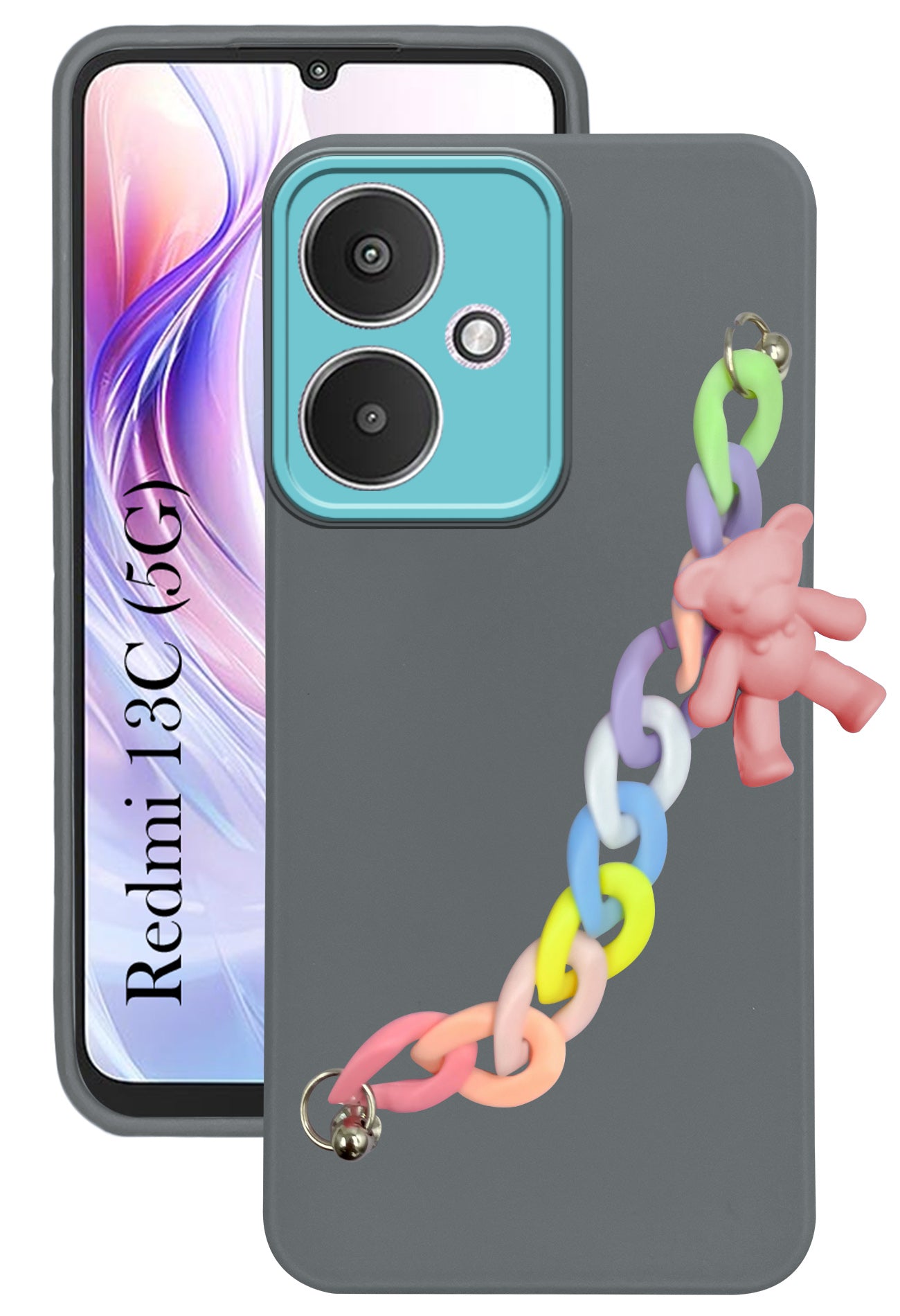 For Redmi 13C 5G Back Cover Case (Wrist Hanging Chain | Teddy Bracelet Charms | Dual Color Matte Finish | Full Camera Protection | Sleek and Professional)