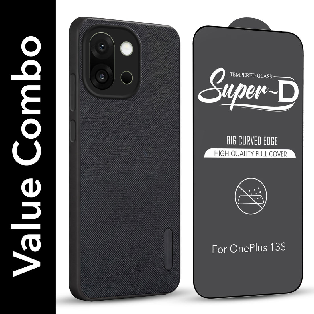 For OnePlus 13S Combo with Back Cover and 9H Tempered Glass (Textured Grip Design | Micro-Fiber Cloth Inside | Oleophobic Coating Screen Glass)