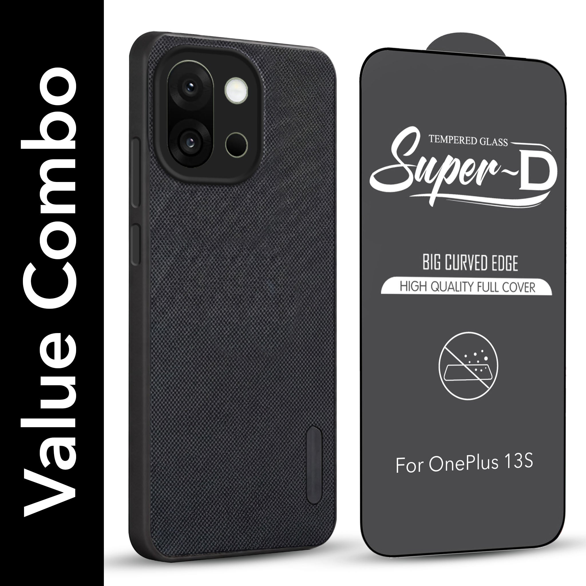 For OnePlus 13S Combo with Back Cover and 9H Tempered Glass (Textured Grip Design | Micro-Fiber Cloth Inside | Oleophobic Coating Screen Glass)
