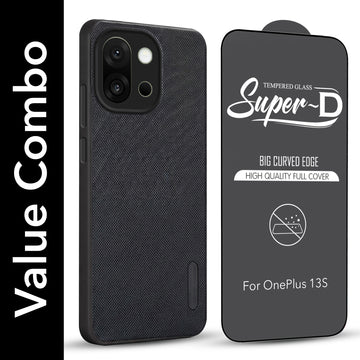 For OnePlus 13S Combo with Back Cover and 9H Tempered Glass (Textured Grip Design | Micro-Fiber Cloth Inside | Oleophobic Coating Screen Glass)