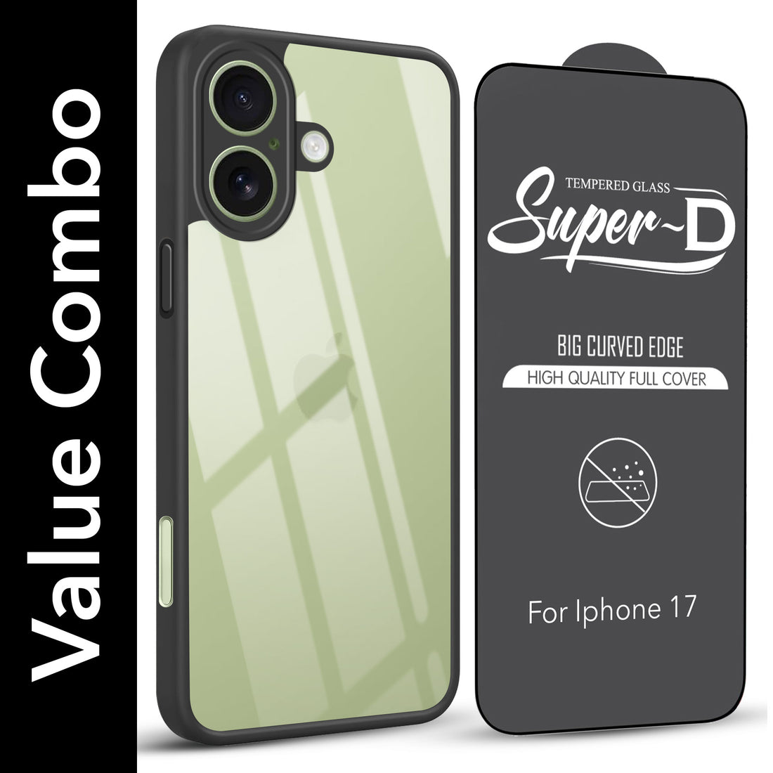 For Apple iPhone 17 Combo with Back Cover and 9H Tempered Glass (Lifetime Anti-Yellow | Crystal Clear Shockproof | Oleophobic Coating Screen Glass)