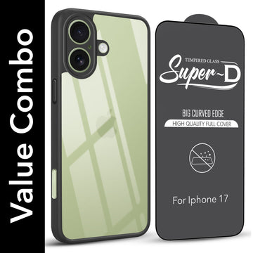 For Apple iPhone 17 Combo with Back Cover and 9H Tempered Glass (Lifetime Anti-Yellow | Crystal Clear Shockproof | Oleophobic Coating Screen Glass)