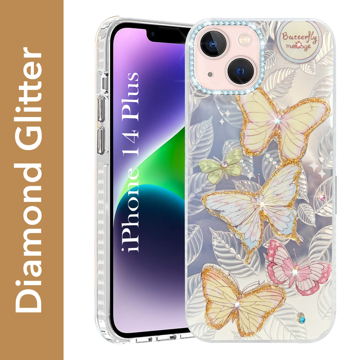 For Apple iPhone 14 Plus Back Cover Case (Luxury Floral Glitter Cute Butterfly | Diamond Studded Camera Bump | Girls & Women Design)