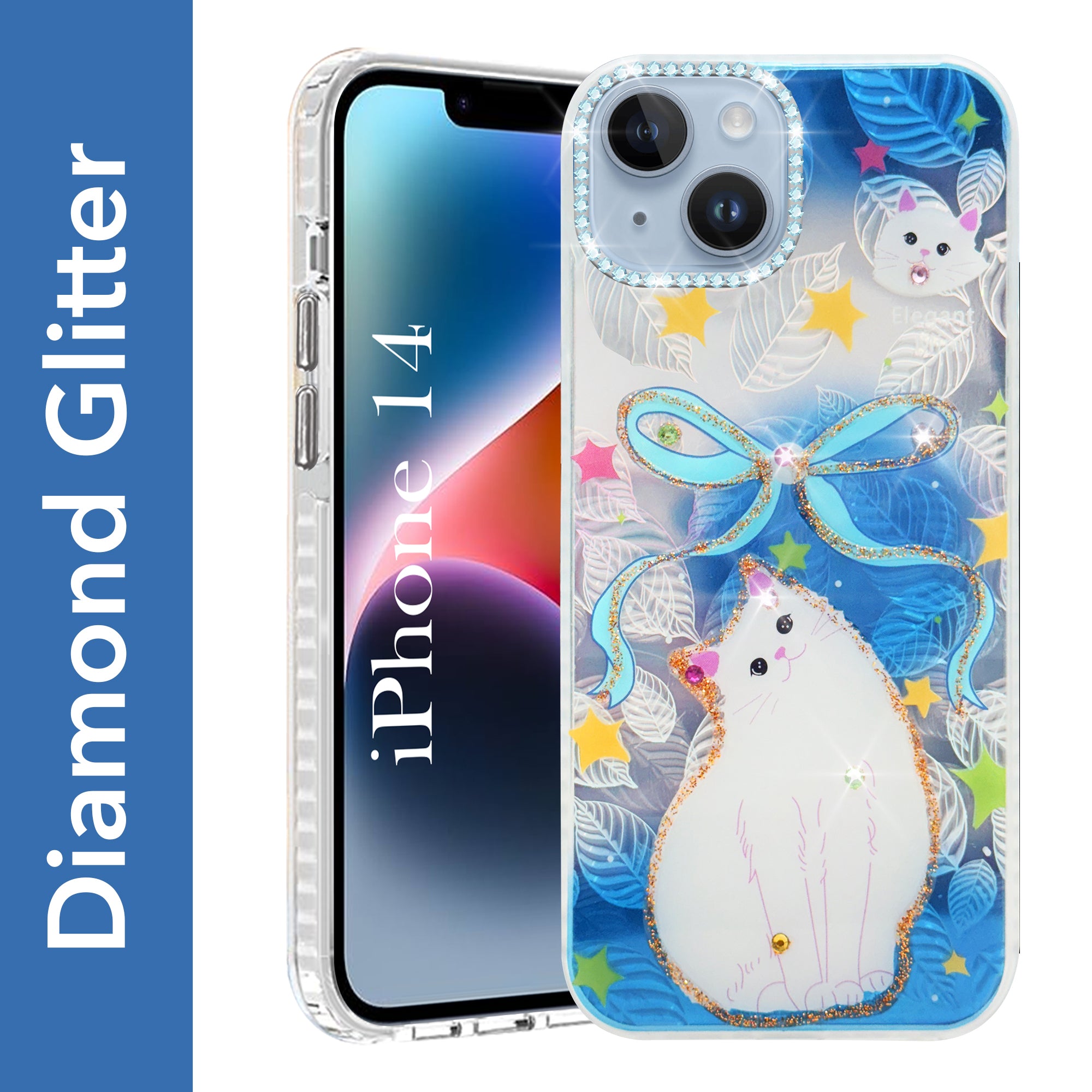 For Apple iPhone 14 Back Cover Case (Luxury Floral Glitter Cute Butterfly | Diamond Studded Camera Bump | Girls & Women Design)