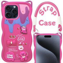 For Apple iPhone 15 Pro Back Case Cover Strap(3D Embossed Figures | Strap Holder | 360* Soft Cushion with Camera Bump)