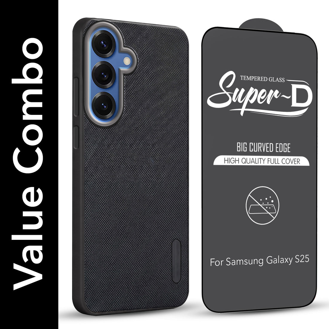 For Samsung Galaxy S25 Combo with Back Cover and 9H Tempered Glass (Textured Grip Design | Micro-Fiber Cloth Inside | Oleophobic Coating Screen Glass)