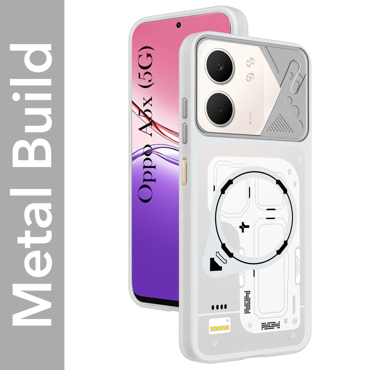 For Oppo A5X Metallic Back Cover Case (Metallic Camera Protection & Buttons | Translucent Milky Shade | Hard Polycarbonate)