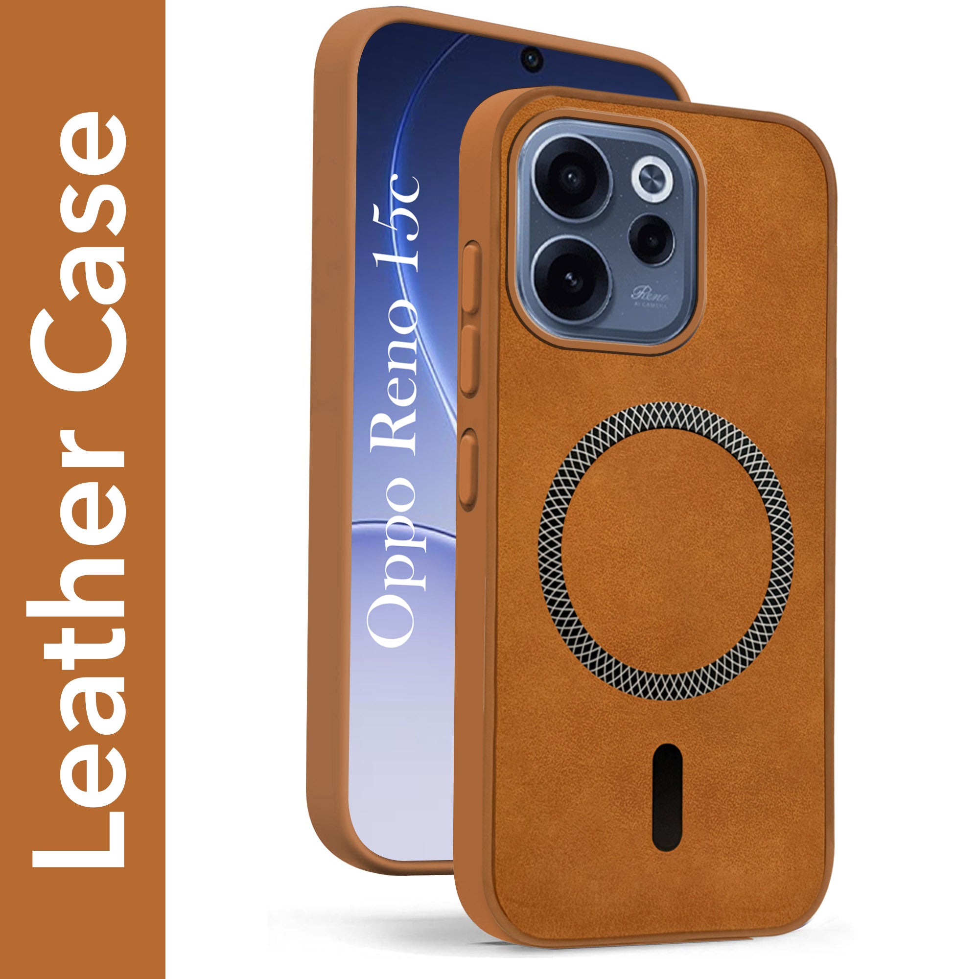 For Oppo Reno 15c Back Cover Case Leather Finish (MagSafe Compatible Wireless Charging | Soft Touch | Camera Bump Protection)