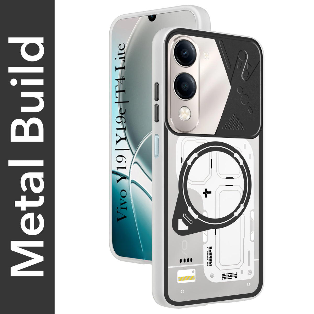 For Vivo Y19 | Vivo Y19e | Vivo T4 Lite Metallic Back Cover Case (Metallic Camera Protection & Buttons | Translucent Milky Shade | Hard Polycarbonate)