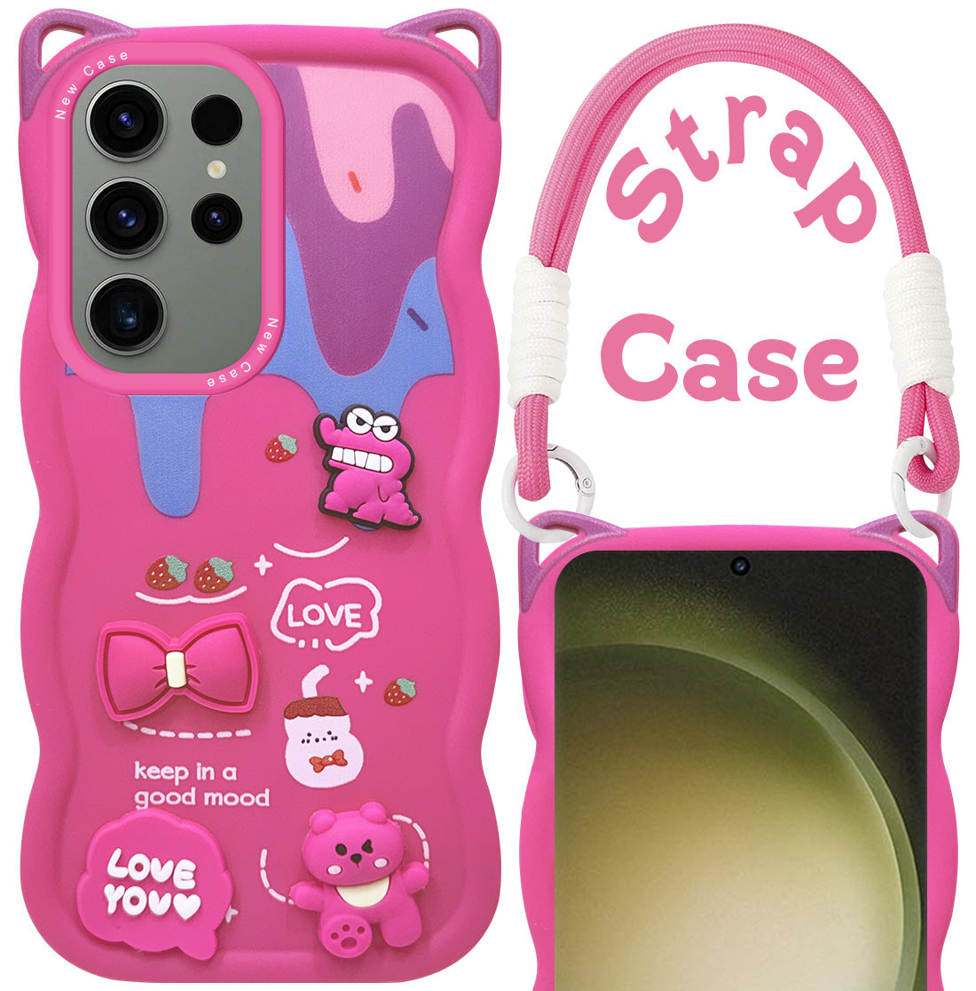 For Samsung Galaxy S23 Ultra Back Case Cover Strap (3D embossed Figures | Strap Holder | 360* Soft Cushion with Camera Bump)