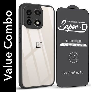 For OnePlus 15 5G Combo with Back Cover and 9H Tempered Glass (Lifetime Anti-Yellow | Crystal Clear Shockproof | Oleophobic Coating Screen Glass)